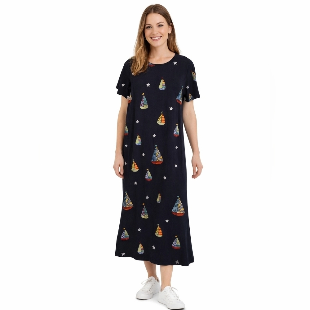 Quacker Factory Women's Large Cotton Maxi Dress Novelty Print Boat Stamps Large